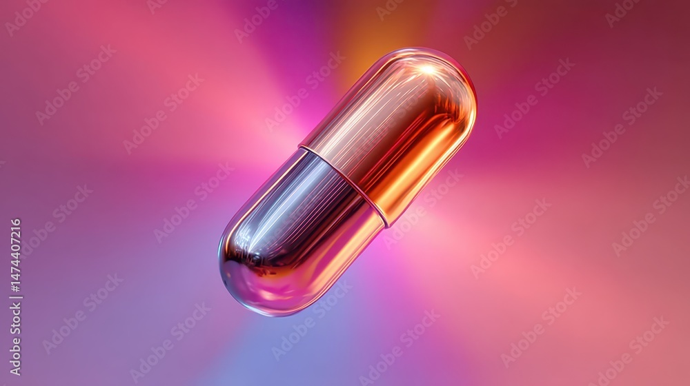 Poster a glossy capsule-shaped object rotates gracefully in a luminous space, surrounded by a spectrum of v
