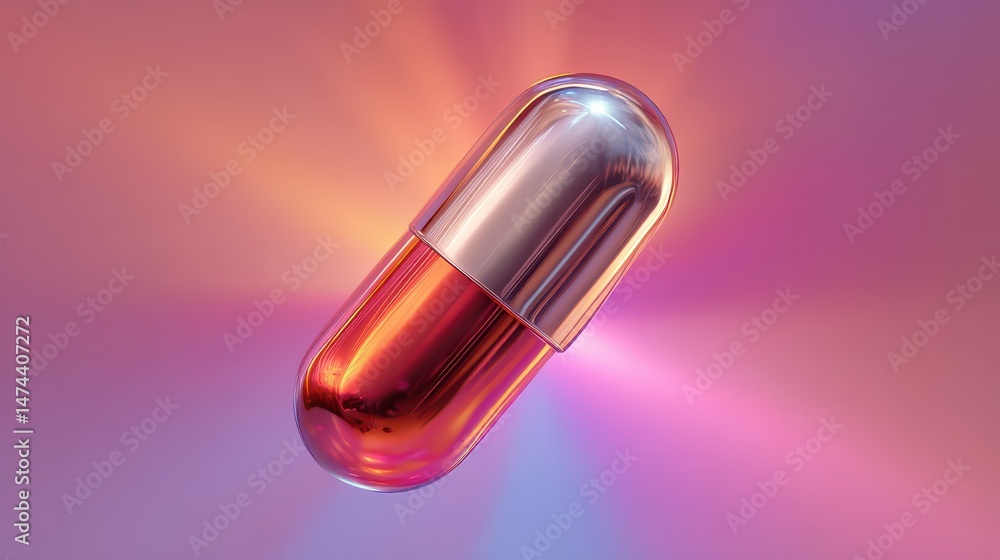 Poster a glossy capsule-shaped object rotates in a colorful cosmic environment, reflecting and refracting v