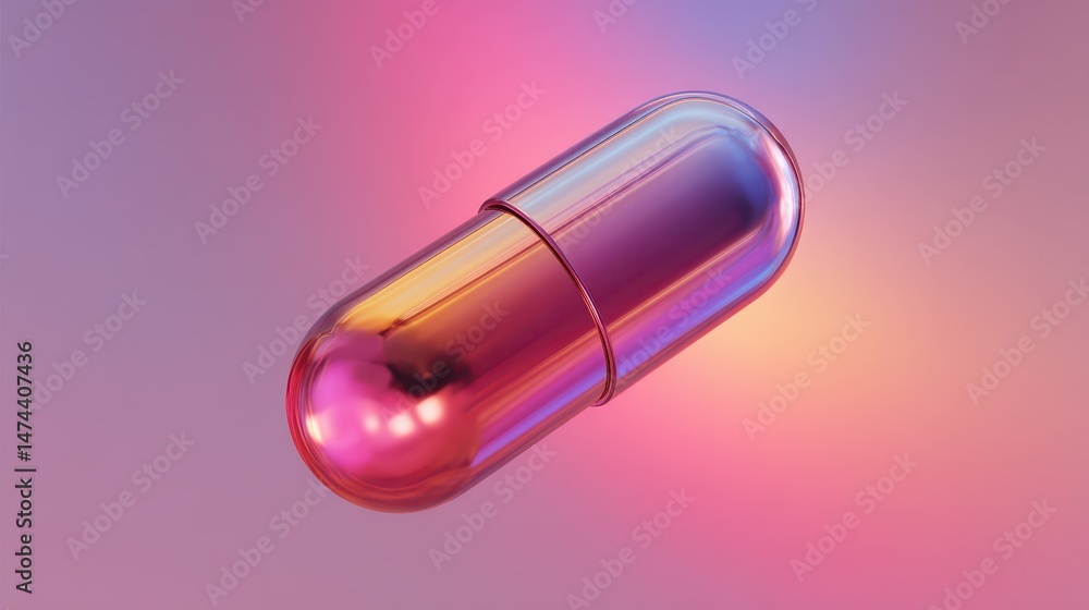 Poster a glossy capsule object is captured in motion, turning slowly in a vibrant environment filled with r