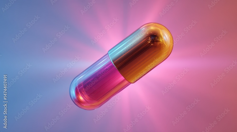 Poster a glossy capsule-shaped object rotates gracefully in the vastness of space, surrounded by vibrant co