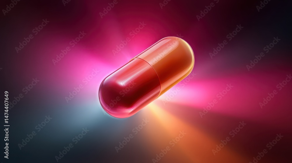 Poster a glossy capsule object rotates elegantly in a vibrant cosmic backdrop. multiple colored lights high
