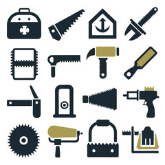 Illustration of assorted hand tools icons set in flat design
