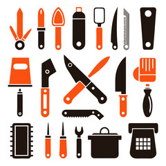 Collection of orange and black kitchen and household tools