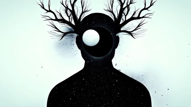 A surreal, cosmic entity stands in stark contrast against a pale, void-like background. Its form is humanoid but abstract&mdash;composed entirely of swirling, inky darkness, resembling space itself. Its fac
