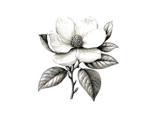 Engraving of magnolia flower, hand-drawn botanical sketch, antique vintage floral illustration, classic garden decor, rustic spring summer bloom, trendy old engraving style