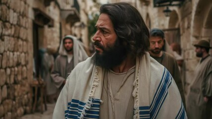 Jew, Elder, Apostle, Pharisee. Ancient biblical man of the Middle East walks through the market, on the street of an ancient town