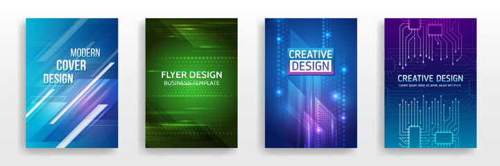 A set of futuristic flyer and cover designs featuring digital diagrams, technical lines and glowing elements in blue, green and purple tones. Ideal for business, technology or digital presentations.