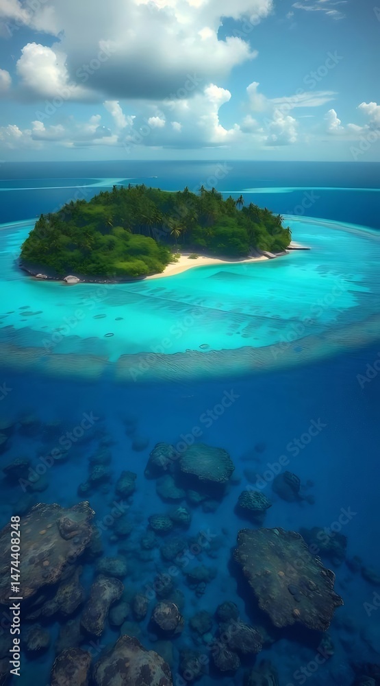 Poster ターコイズブルーの海に浮かぶ熱帯の島 の空撮 パノラマの景色と透き通った水 自然のままのビーチと緑豊かな植物 青い空と白い雲が完璧な休暇の風景を作り出しています