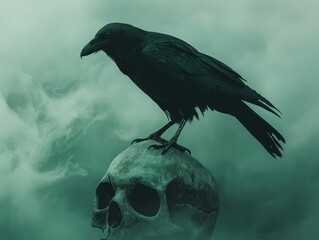 Fototapeta premium Crow perched on skull misty background
