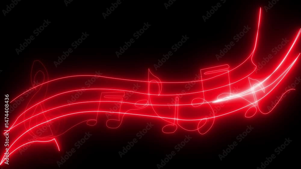Poster musical symbols neon lines classical sound design and red color musical symbols with black backgroun