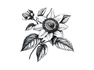 Vintage floral sketch, hand-drawn botanical illustration, engraving of passionflower, trendy ink drawing, rustic plant art, Black sketch, spring flower, summer, old engraving style