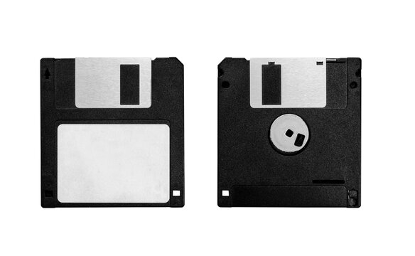 A vintage 3.5-inch floppy disk with both sides visible on a transparent background