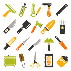Stylized kitchen and workshop tools flat vector illustration set