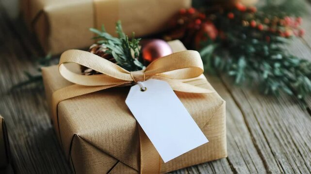 Gift box wrapped in paper, tied with ribbon and tag laying on wooden surface. Christmas present. For greeting card, new year celebration, holiday gifts concept.