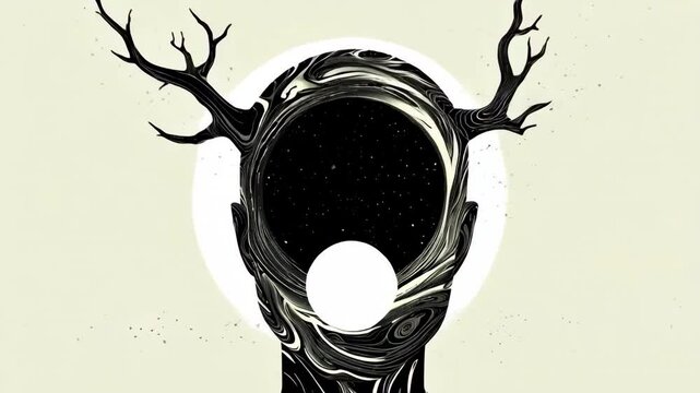 A surreal, cosmic entity stands in stark contrast against a pale, void-like background. Its form is humanoid but abstract&mdash;composed entirely of swirling, inky darkness, resembling space itself. Its fac