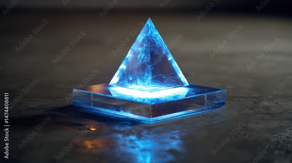Poster a luminous holographic triangle rises from a clear base, creating an ethereal blue glow in a dimly l
