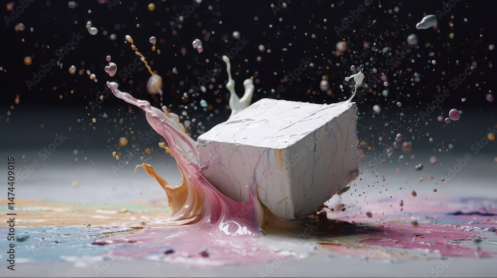Poster a cube of paint crashes into a surface, sending colorful splashes in every direction. the scene emph