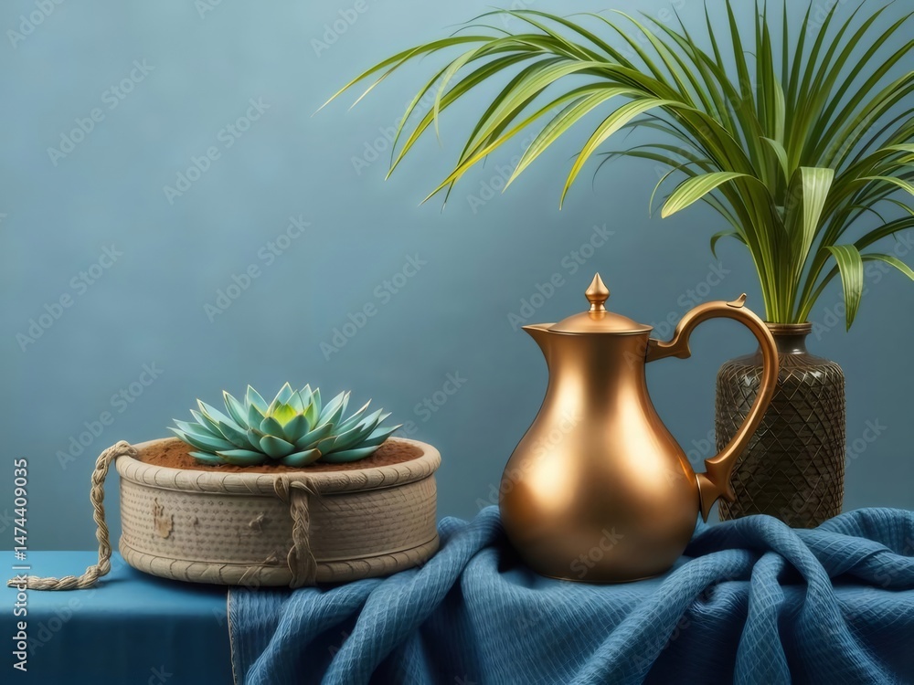 Aufkleber 青い背景の黄金の水差しと緑の植物がある屋内の静物写真