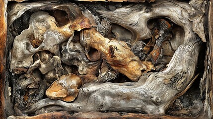 Complex organic wood sculpture, carved details, textured, natural tones