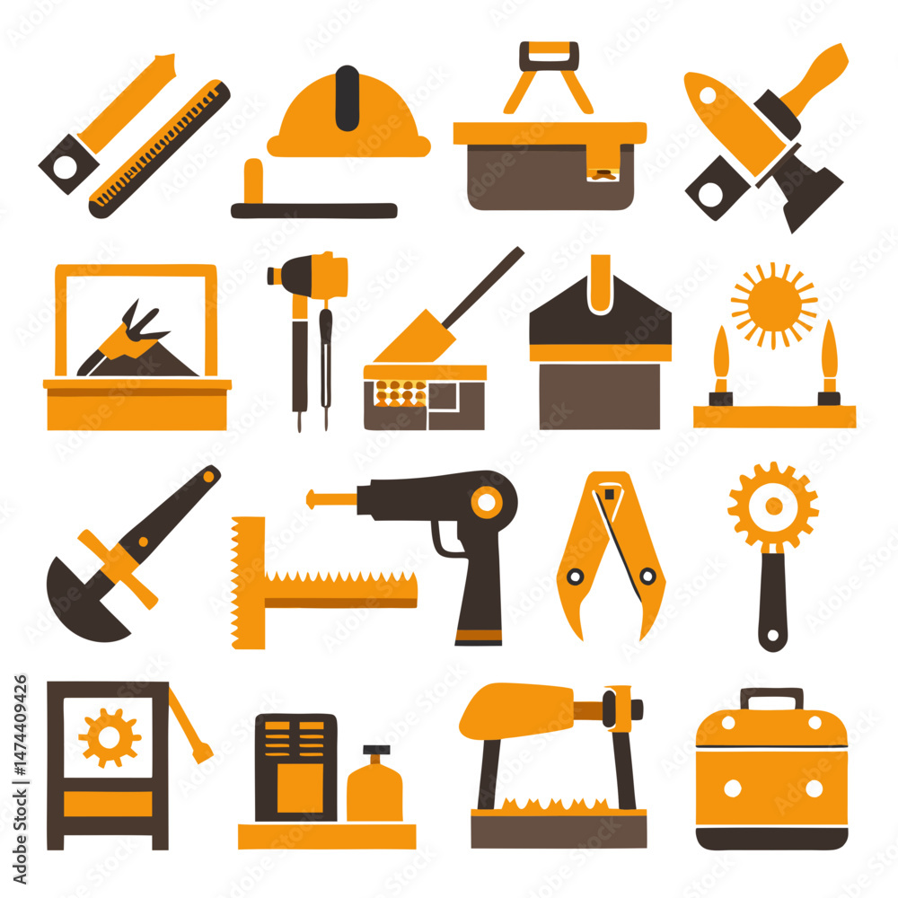Poster assorted construction tools in a two-tone flat design style