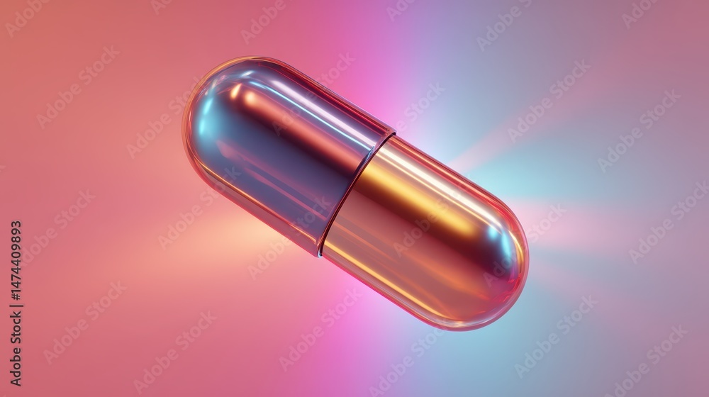 Poster a glossy capsule object hovers mid-air, illuminated by a soft gradient of pink and blue light, empha
