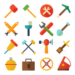 Collection of various cartoon style tools on a white background