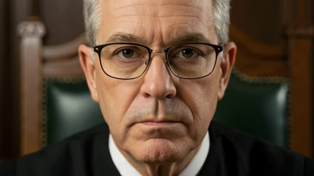 Serious senior male judge wearing robes and glasses sits in his chair within a courtroom, looking directly, representing authority, the justice system, and legal proceeding formality