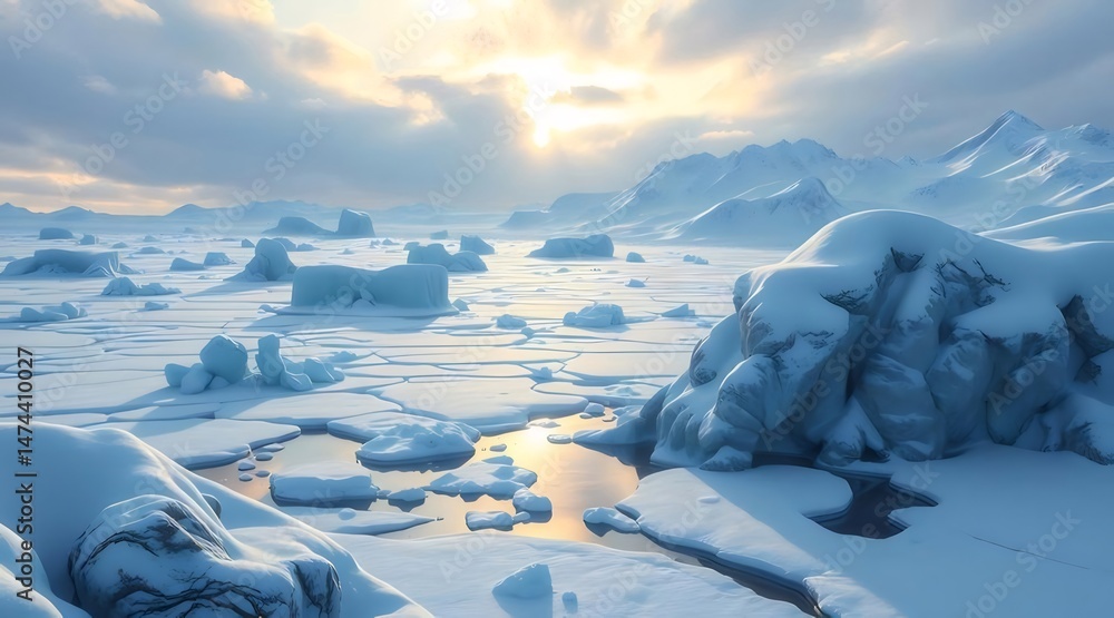 Poster 白い雪と氷の地平線風景 太陽光が差し込む曇りの空の下にある山脈の氷河や氷山と氷の風景