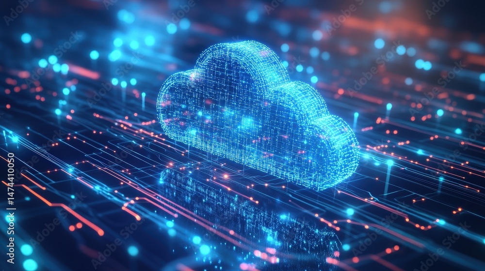 Poster ai-driven cloud computing concept, with intelligent data transfers occurring between interconnected 