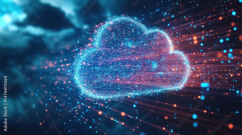 Poster ai-driven cloud computing concept, with intelligent data transfers occurring between interconnected 