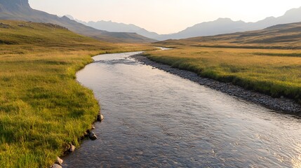 Winding River Across a Grassy Plain with Clear Reflections