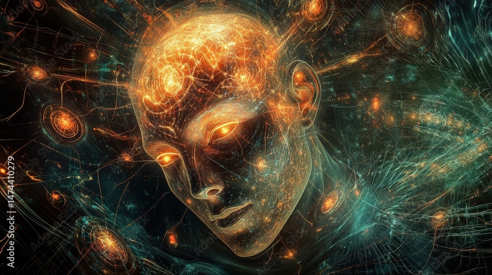 Poster an abstract digital artwork of artificial intelligence in the form of interconnected neural networks