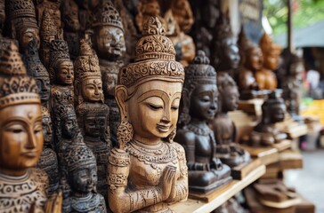 Obraz premium Detailed wood statues and carvings stacked in a village
