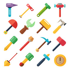 Collection of colorful stylized hand tools on white background