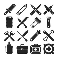 Black and white vector illustration of various tool icons