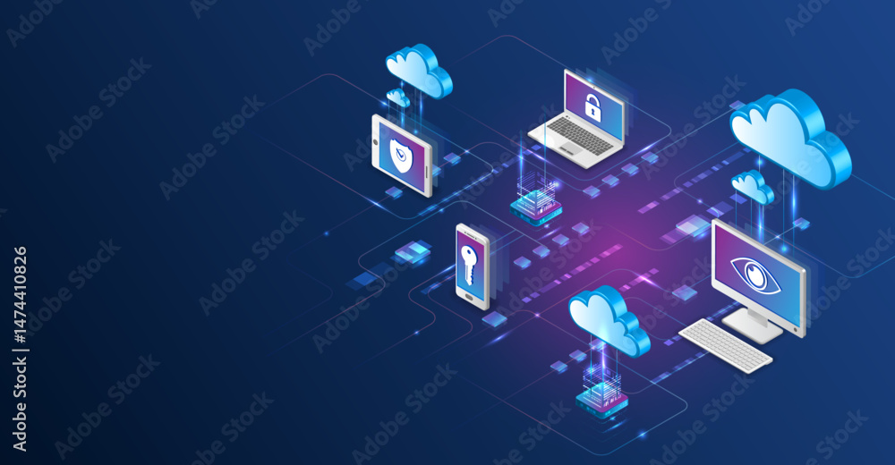 Poster Isometric design showing secure data exchange between cloud, laptops, servers, and mobile devices. Cloud computing and data protection concept with connected devices.