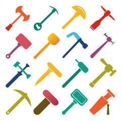 Collection of assorted colorful hand tools on white background