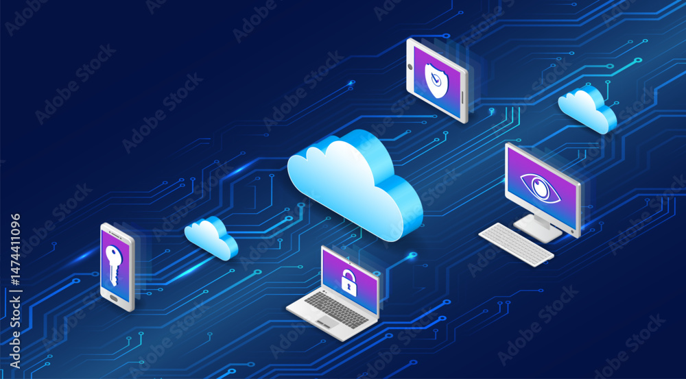 Poster Isometric illustration of cloud computing and cybersecurity concept. Laptop, smartphone, computer and clouds connected on digital circuit board background. Secure data sharing, cloud storage.