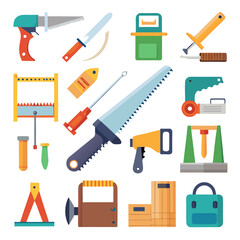 Collection of various carpentry and construction tools in flat style