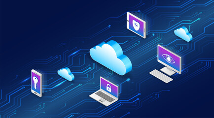 Isometric illustration of cloud computing and cybersecurity concept. Laptop, smartphone, computer and clouds connected on digital circuit board background. Secure data sharing, cloud storage.