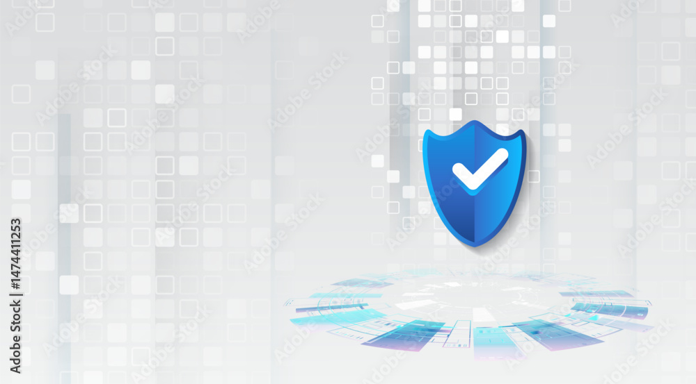 Aufkleber Abstract technology gray background with blue shield. Concept of cybersecurity, protection and safety of digital data. Protection of websites and information arrays. Network protection