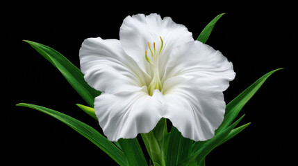 Fototapeta premium A beautiful and delicate white flower blooms with vibrant green leaves, set against a stark black backdrop highlighting its pristine elegance and natural charm.