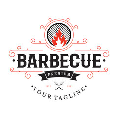 Simple Barbecue Vintage hot grill, with crossed flames and spatula. Logo for restaurant, badge, cafe and bar.vector