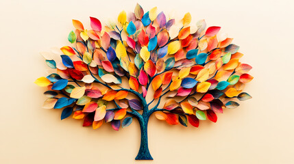A vibrant tree of life with leaves in various colors