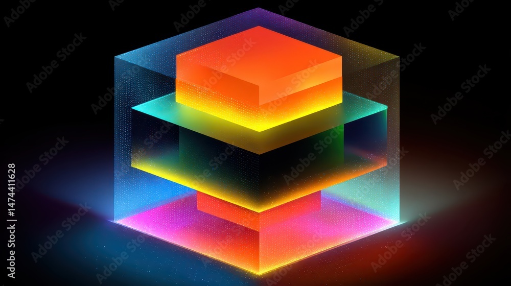 Poster a striking layered cube design showcases a blend of neon gradients, creating an eye-catching visual 