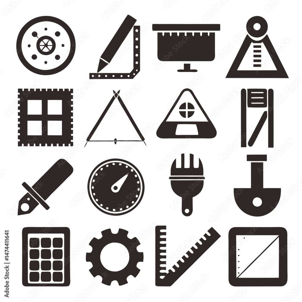 Poster engineering and architectural design tools in solid monochrome icons