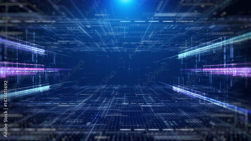 Poster Technology digital futuristic cyberspace data network structure concept background. Blue future scifi glow transmission line fly through 4k motion background.