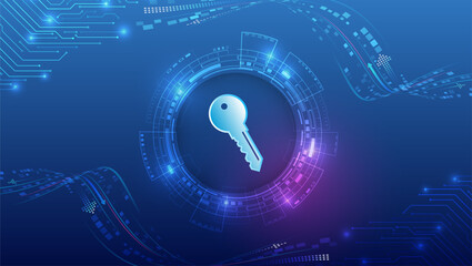 Vector illustration of security key symbol. Abstract blue background with circuit board lines and data flow elements. Concept of cyber security, encryption, digital access and online protection.