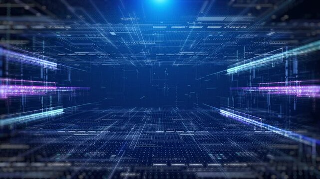 Technology digital futuristic cyberspace data network structure concept background. Blue future scifi glow transmission line fly through 4k motion background.