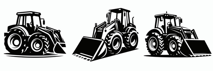 Tractor Loader. Construction Tools Builder Repair Renovation Worker Clipart Line Art Vector Illustration. Agricultural motor earthmoving equipment front end lift mechanism farm vehicle.
